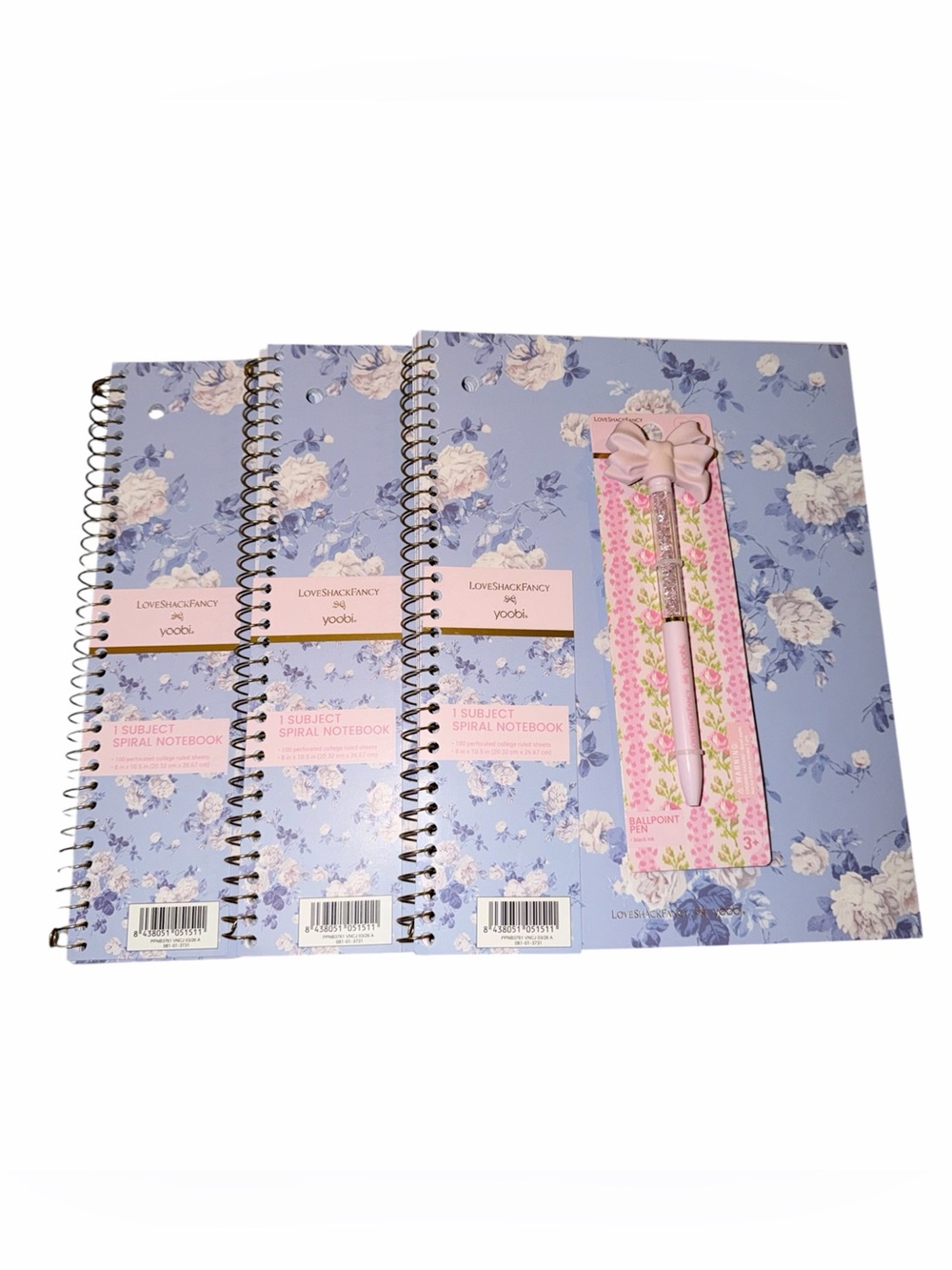 LoveShackFancy x Yoobi Floral Spiral Notebooks Set Of 3 With Pink Bow Pen